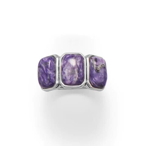 Sterling Silver Three Stone Charoite Ring, Rectangular Purple Gemstones, 10x7mm, Graduated Band 7-3mm, Sizes 6-9
