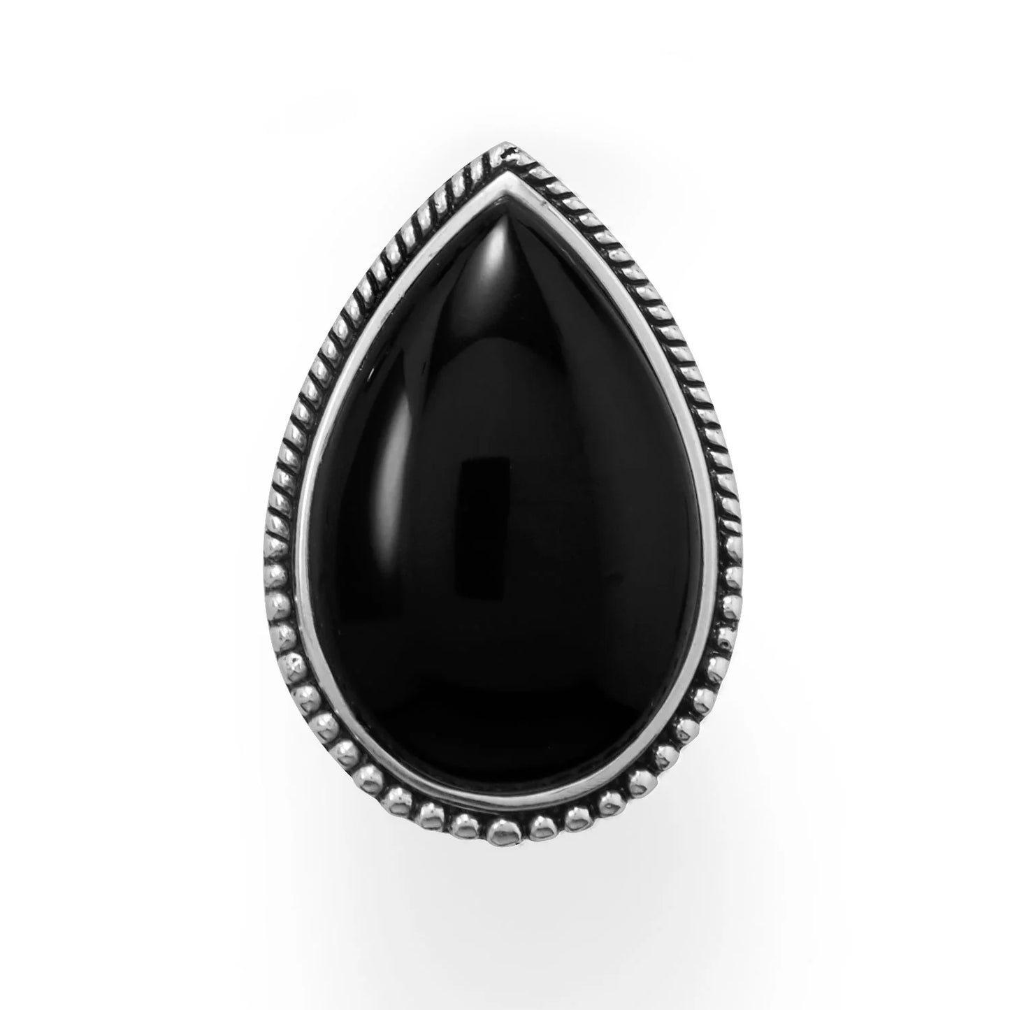 Sterling Silver Black Onyx Ring with Beaded Edge, Pear Shape, 28x18mm Stone, 2.5mm Band Width