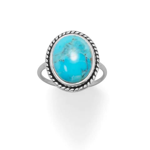 Sterling Silver Oval Turquoise Ring with Rope Edge Design, Oxidized, 16mm x 12mm Stone, 1.5mm Band