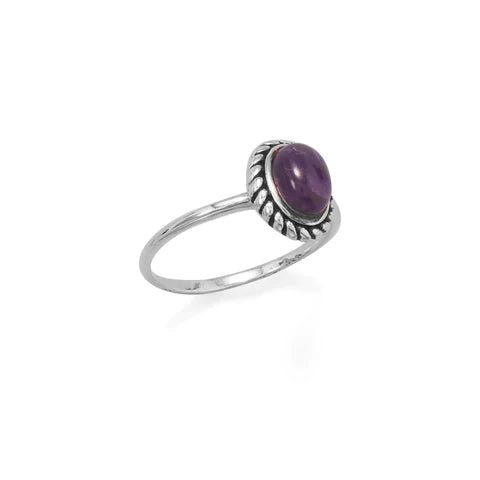 Sterling Silver Oval Amethyst Ring with Rope Edge Design, 9x5mm Stone, 1.5mm Band, Sizes 5-9
