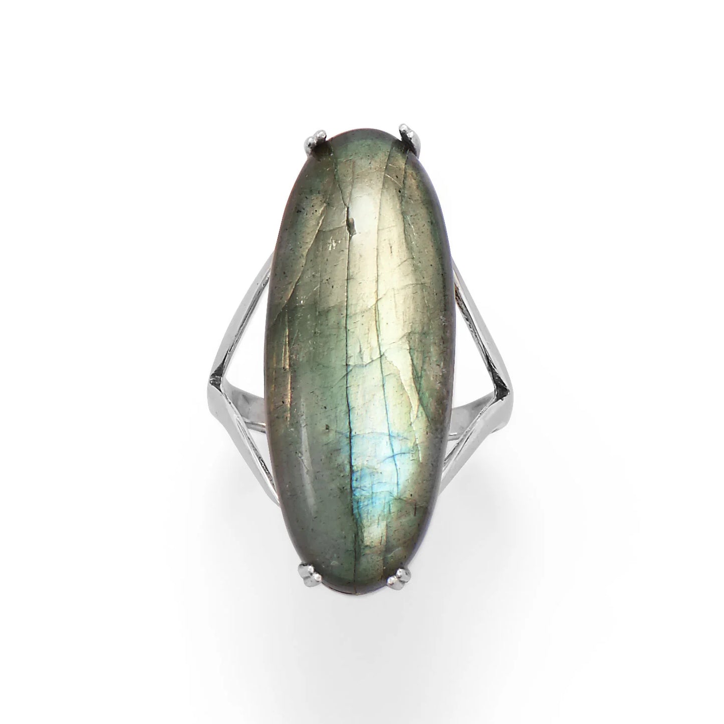 Sterling Silver Oval Labradorite Statement Ring, 30x12mm Stone, 2mm Band Width, Sizes 6-10