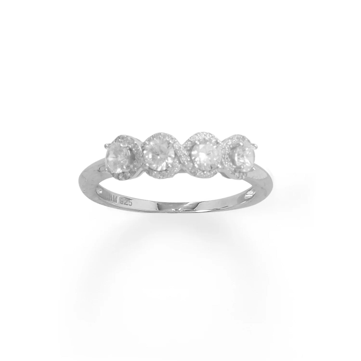 Sterling Silver Rhodium Plated Ring with Four CZ Stones, Halo Edge Design, 4.5mm CZs , Sizes 6-9