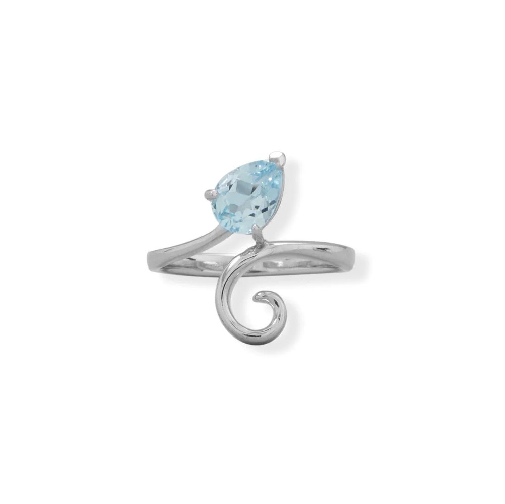 Sterling Silver Pear Sky Blue Topaz Wrap Around Ring, Rhodium Plated, 6mm x 8mm Stone, Sizes 6-9