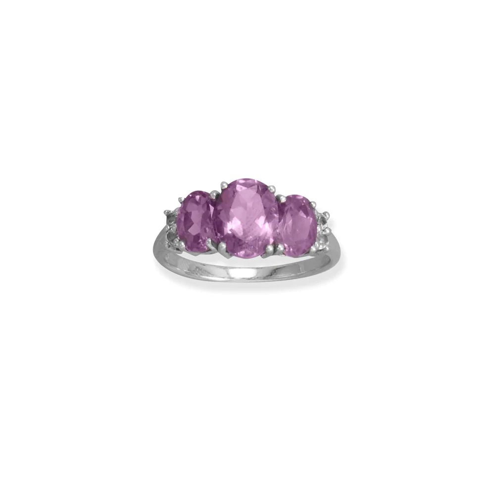 Sterling Silver Rhodium Plated Ring with Amethyst and White Topaz, Three-Stone Design, Sizes 6-9