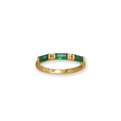 14K Gold Plated Sterling Silver Ring with Green Baguette CZ, 2mm Wide, Sizes 6-9