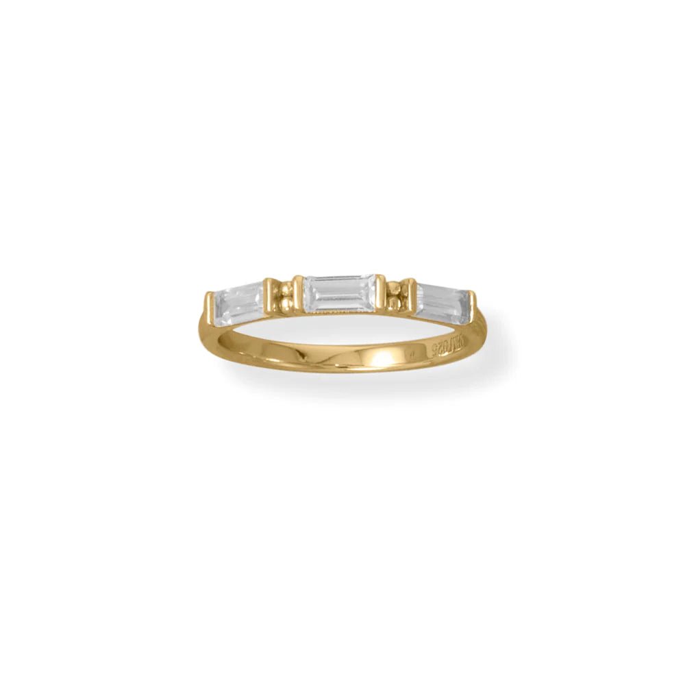 Sterling Silver Baguette CZ Ring, 14K Gold Plated, 2mm Wide Band, Sizes 6-9
