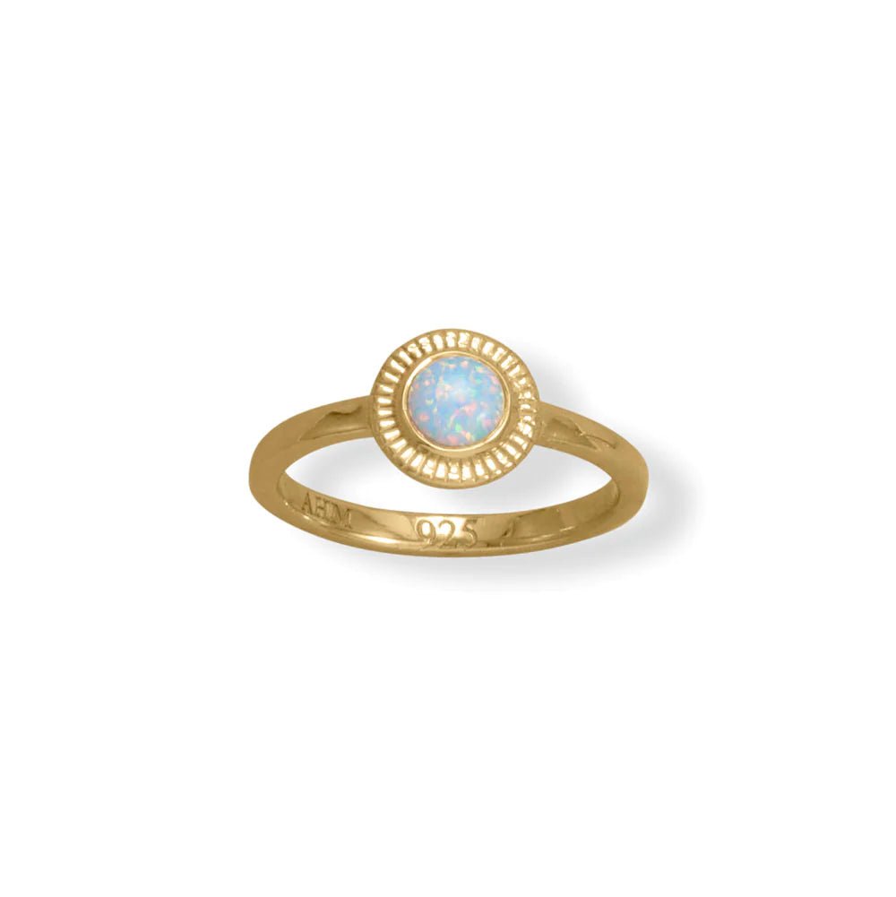 14 Karat Gold Plated Sterling Silver Ring with Round Blue Synthetic Opal, 5mm Stone, Textured Disk Border, Sizes 5-9