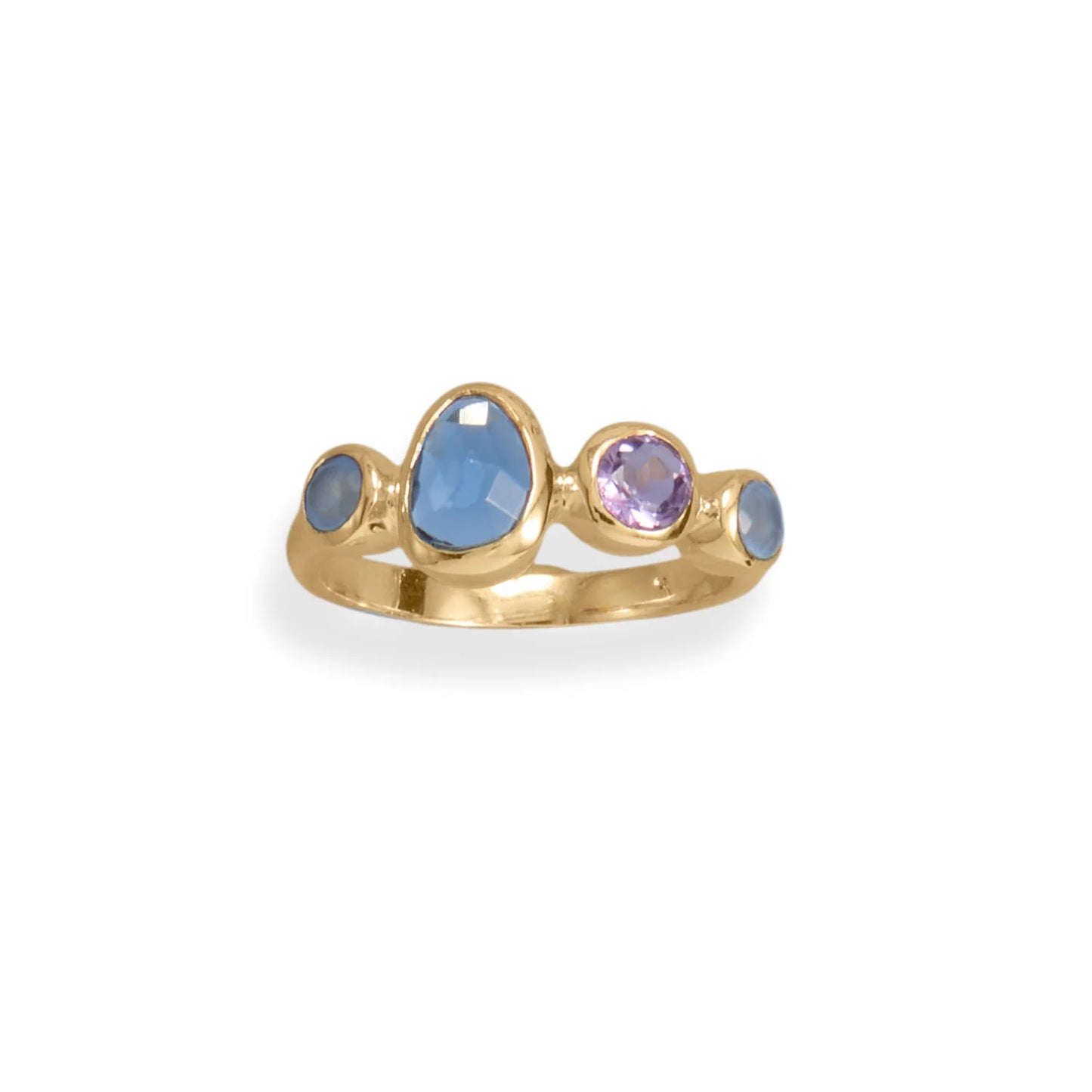 14 Karat Gold Plated Sterling Silver Multi-Stone Ring with Amethyst, Chalcedony, Blue Glass, 2.3mm Band Width, Sizes 6-9