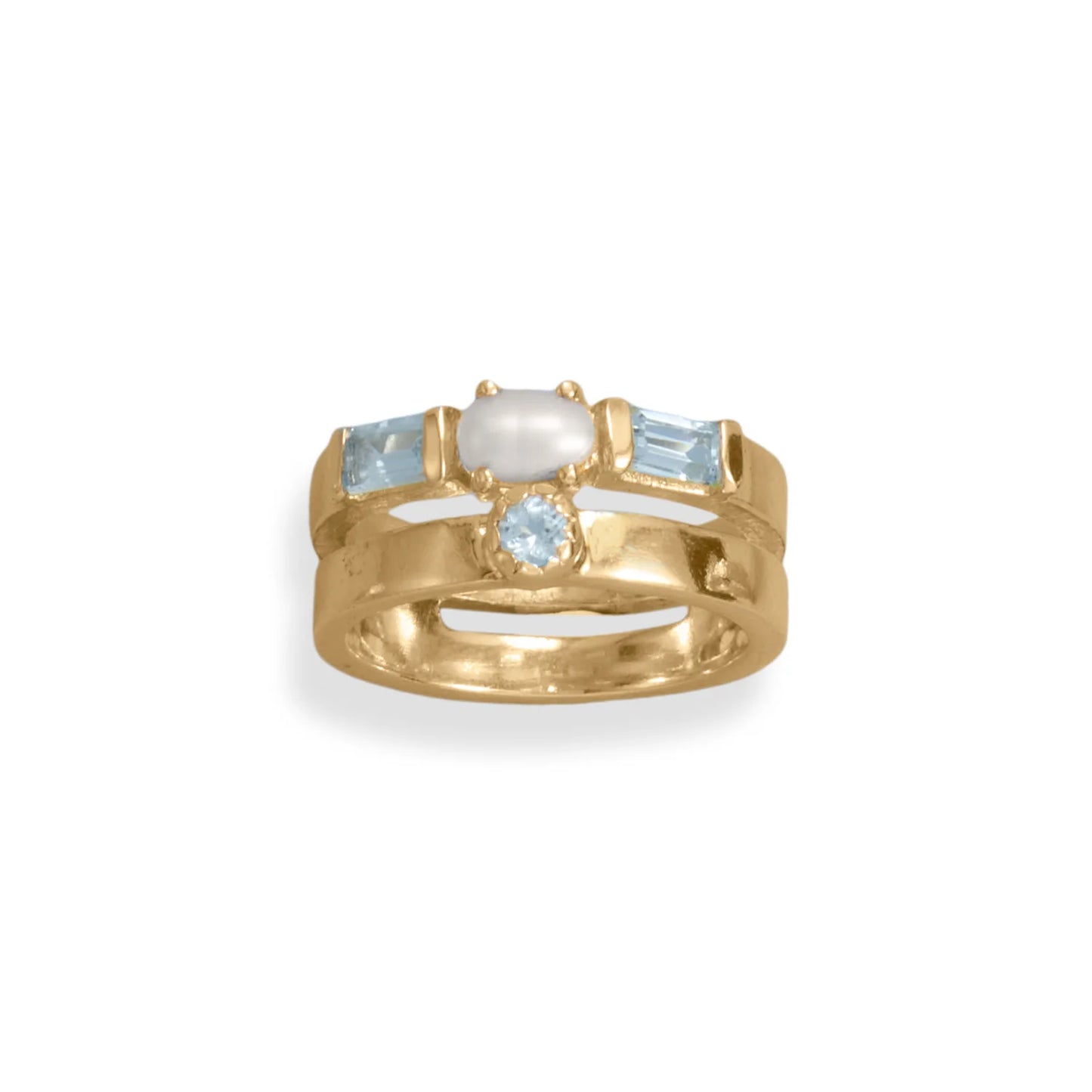 Pearl and Topaz Ring - 14K Gold Plated Sterling Silver Double Band