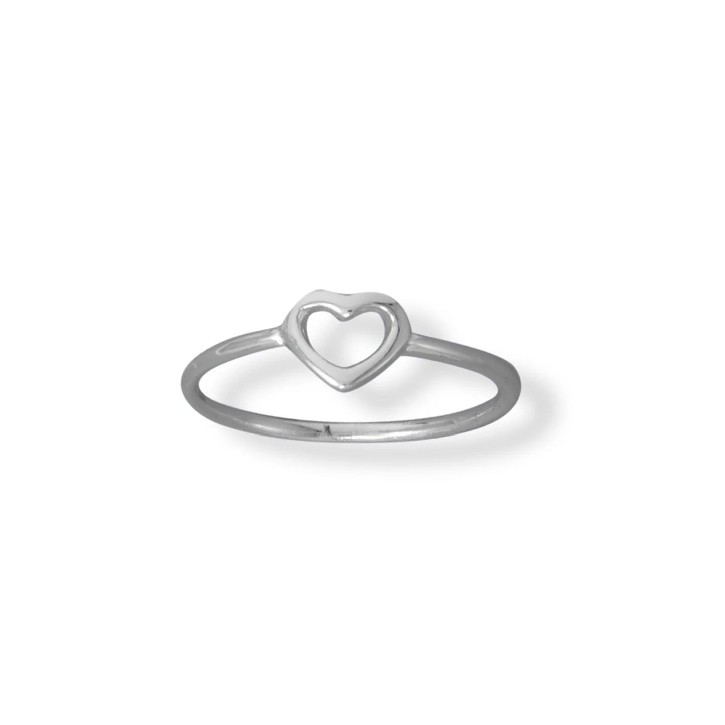 Sterling Silver Open Heart Ring, Polished Band, 6.4x7.1mm Heart, Sizes 3-9