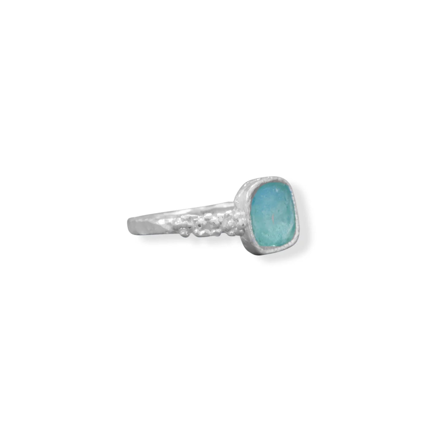 Sterling Silver Square Roman Glass Ring with Pebble Band, Aqua, 9.5mm Center Stone, Sizes 6-9