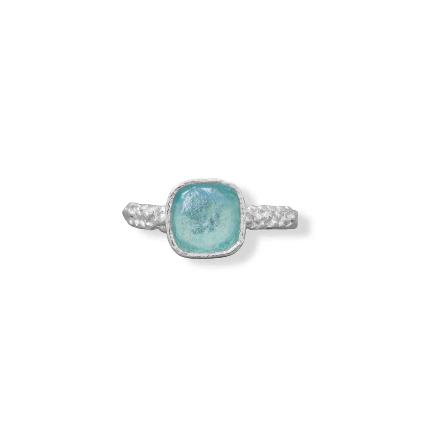 Sterling Silver Square Roman Glass Ring with Pebble Band, Aqua, 9.5mm Center Stone, Sizes 6-9