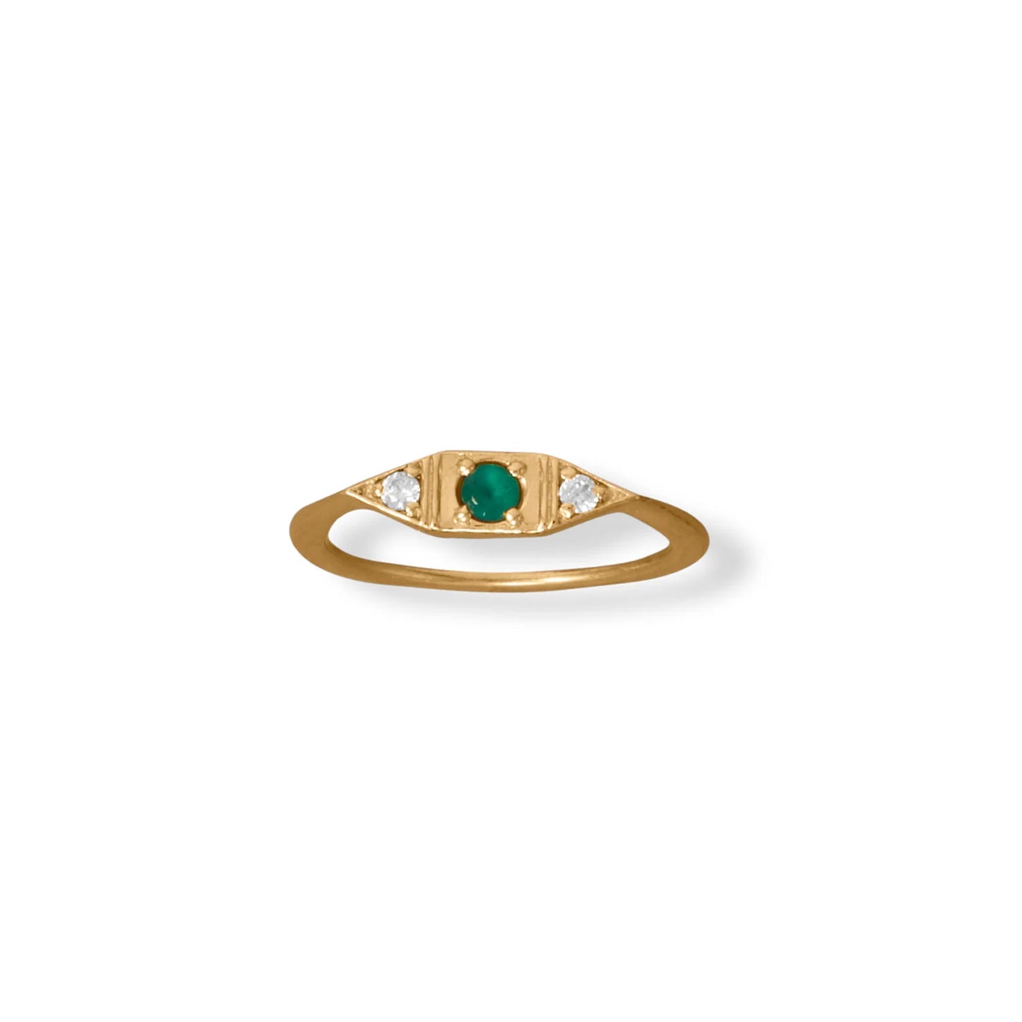 14 Karat Gold Plated Sterling Silver Ring with Green Onyx and CZ, Flat Band, Intricate Design, 1.7mm Width, Sizes 4-9