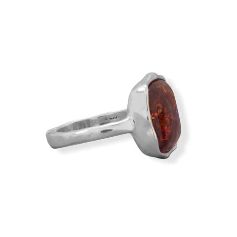 Sterling Silver Square Baltic Amber Ring, Hammered Texture, 13mm x 13mm Gemstone, 2.8mm Band