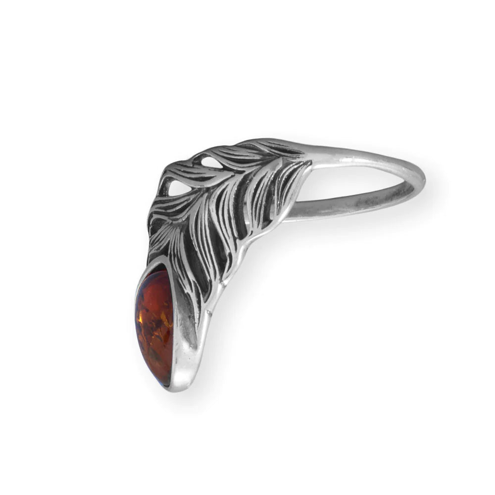 Sterling Silver Baltic Amber Feather Ring, Oxidized, 8.5x7.5mm Genuine Polish Amber, 1.5mm Band Width, Sizes 6-10