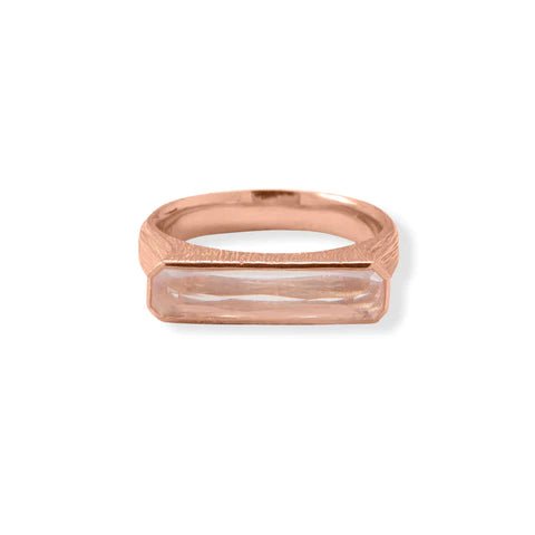 14 Karat Rose Gold Plated Sterling Silver Ring with Rose Quartz Bar, Textured Band, 17.9mm x 3.2mm Stone, Sizes 6-9
