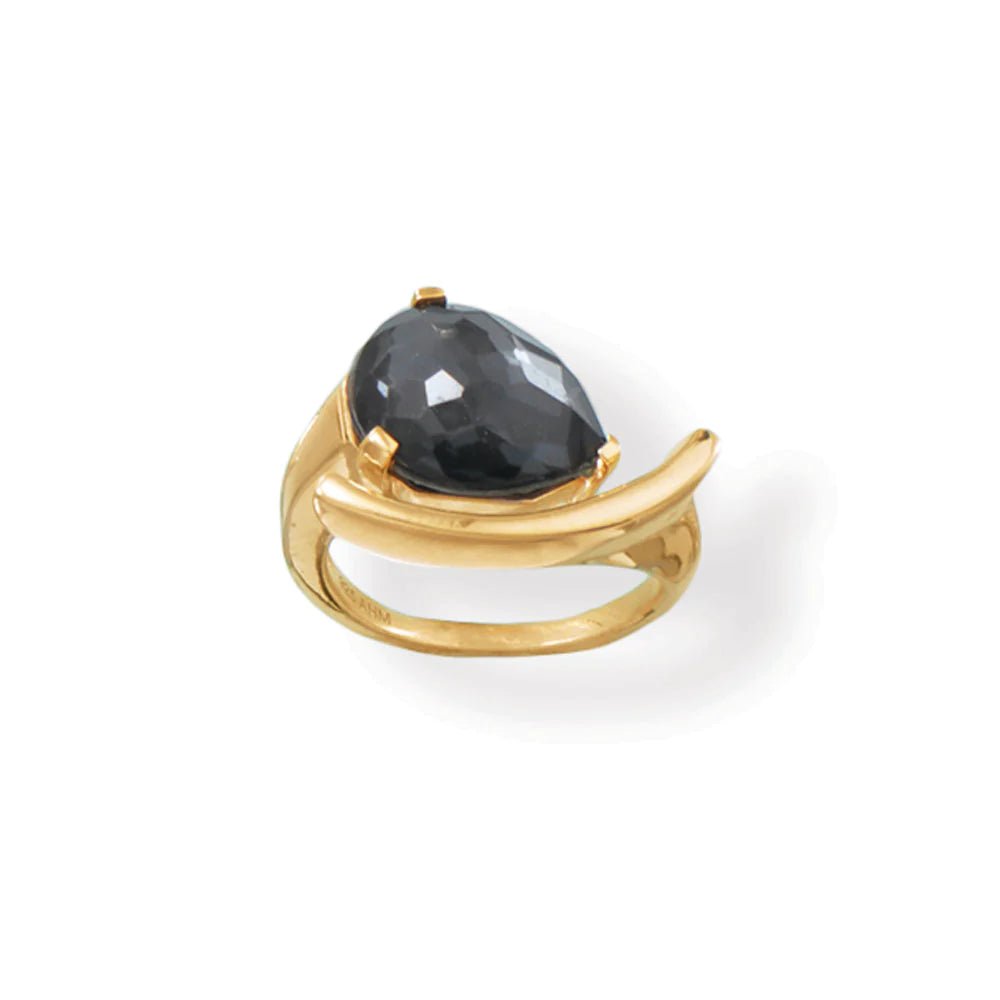 14 Karat Gold Plated Sterling Silver Wrap Ring with Hematite Doublet and Clear Quartz , Ellipse Shape, Sizes 6-9