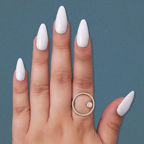 14 Karat Gold Plated Sterling Silver Ring with Rainbow Moonstone, CZ Circle, 20mm, Floating Design, Sizes 6-9