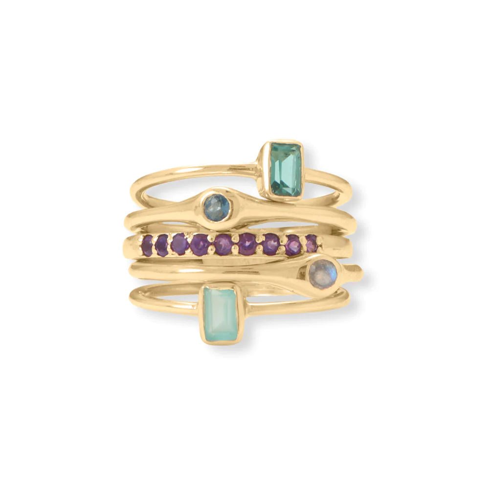 14K Gold Plated Sterling Silver Ring Set with Amethyst, Labradorite, Glass Stones, 5 Piece Stack, Sizes 6-9