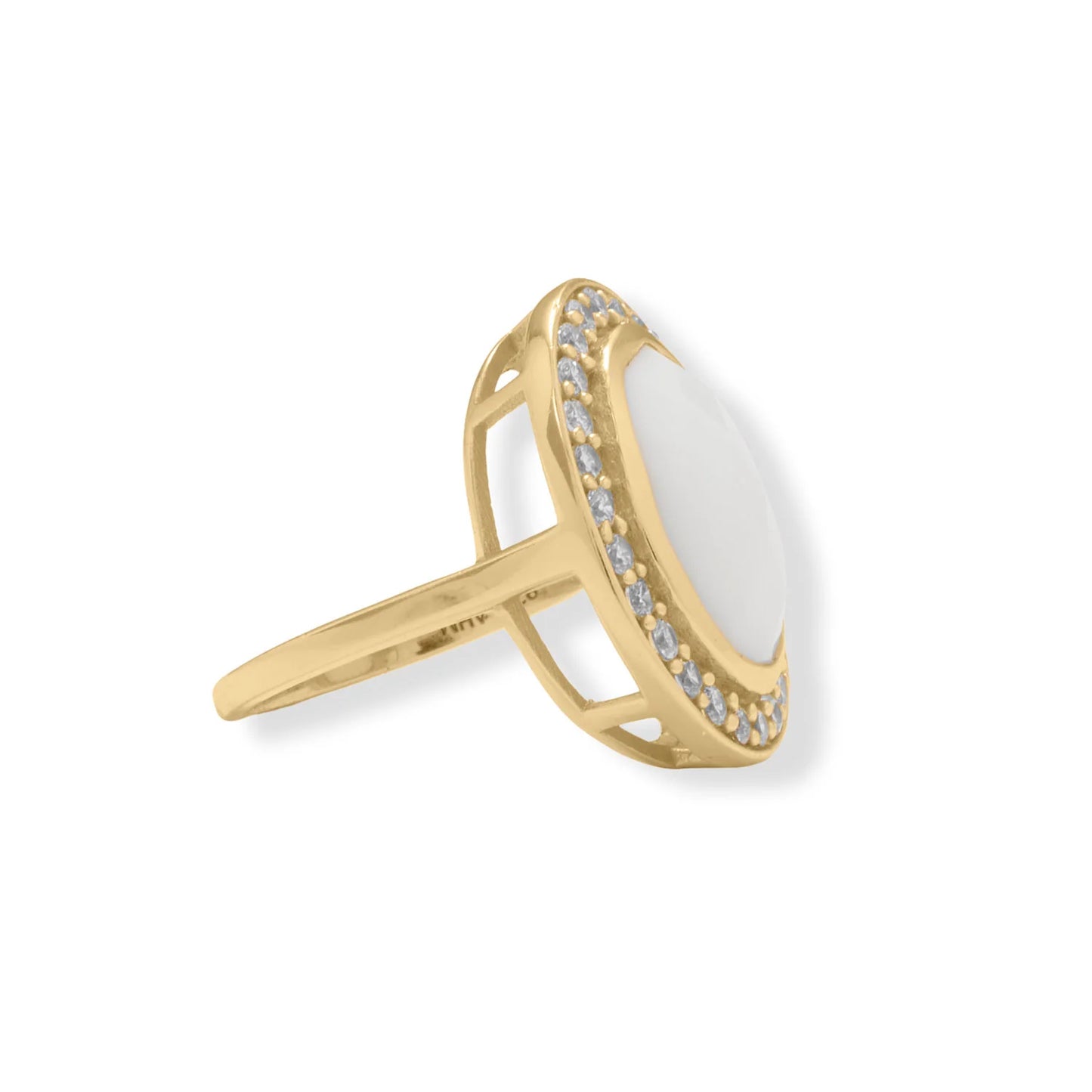 14 Karat Gold Plated Sterling Silver Cocktail Ring with White Agate and CZ Halo, 12x16mm Stone, 2mm Band, Sizes 7-10