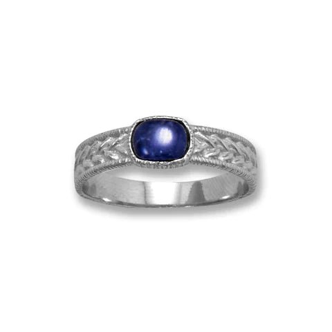 Sterling Silver Woven Design Ring with Sodalite Stone, Rhodium Plated, 4mm Band Width, Multiple Sizes