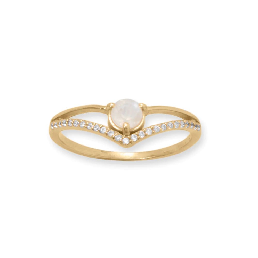 14K Gold Plated Sterling Silver V Ring with CZ, Rainbow Moonstone Center, Size 6-9