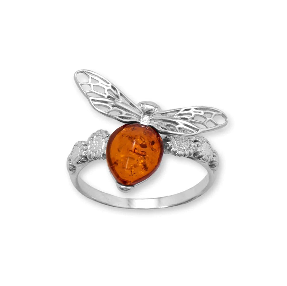 Sterling Silver Baltic Amber Honey Bee and Flower Ring, Genuine Amber, 9mm x 7.5mm, Sizes 6-9