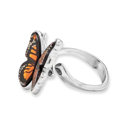Handcrafted Sterling Silver Baltic Amber Monarch Butterfly Ring, Adjustable Wrap Style, Genuine Amber Wings, Sizes 6-9