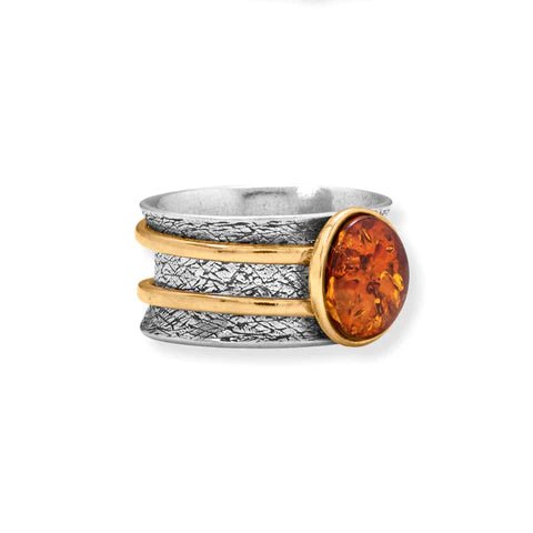 Sterling Silver Baltic Amber Spinner Ring, Two Tone with Gold Plated Bands, 11.3mm Wide, Oxidized Finish, Sizes 6-9
