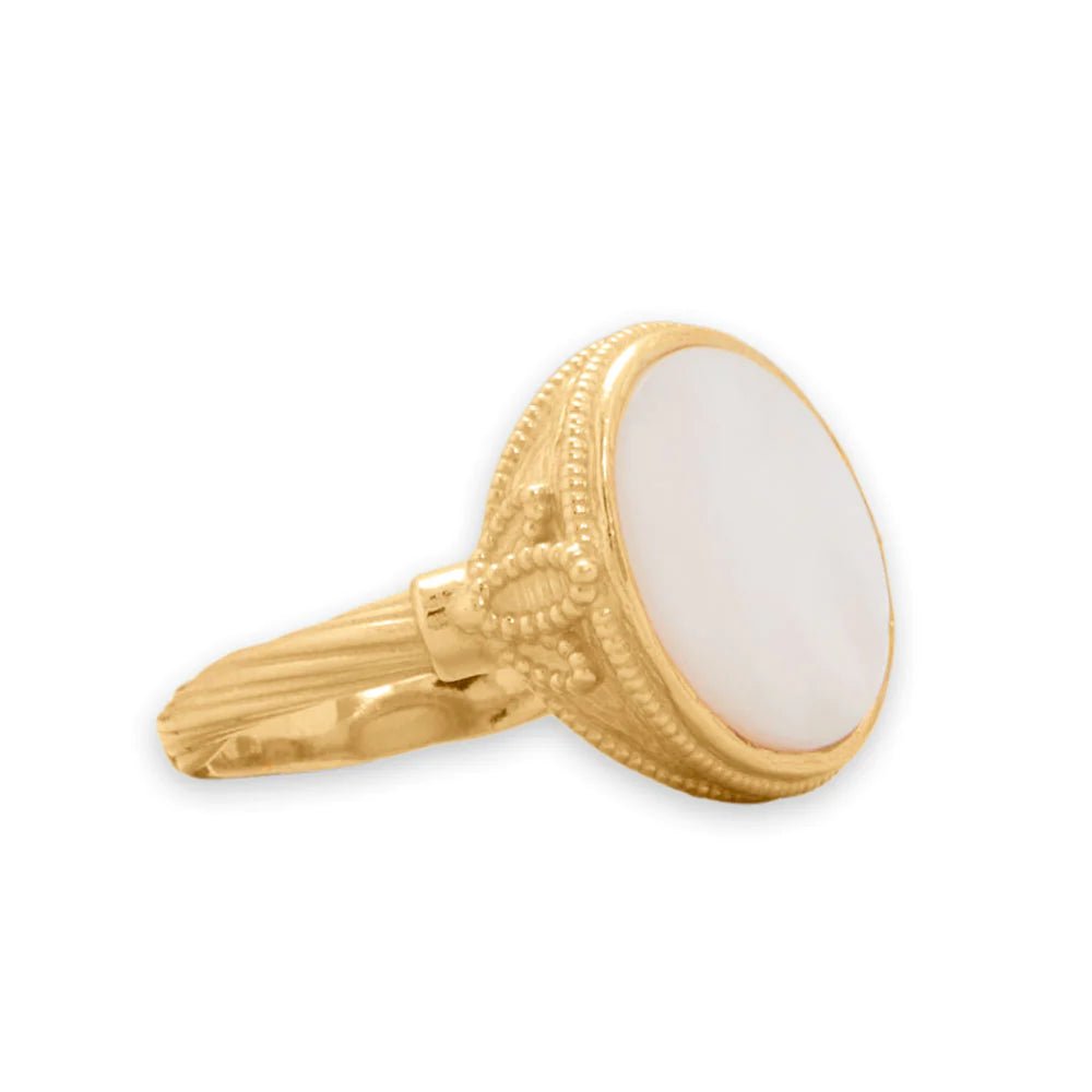 14 Karat Gold Plated Antique Style Mother of Pearl Ring