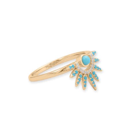 Turquoise and CZ Ring - 14K Gold Plated Sterling Silver Sunray Design