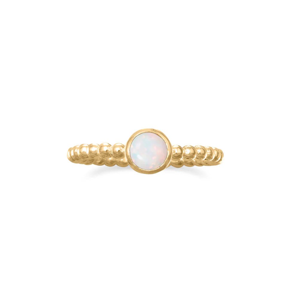 Generic 14K Gold Plated Sterling Silver Ring, Synthetic White Opal, Round 5mm Stone, Beaded Band Design, Sizes 6-9