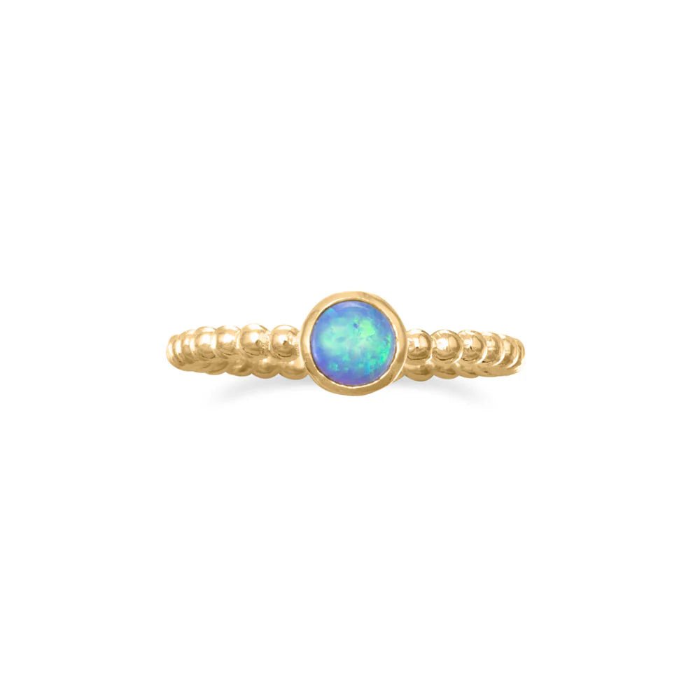 14 Karat Gold Plated Sterling Silver Ring with Synthetic Blue Opal, 5mm Round Stone, Beaded Band Design, Sizes 6-9