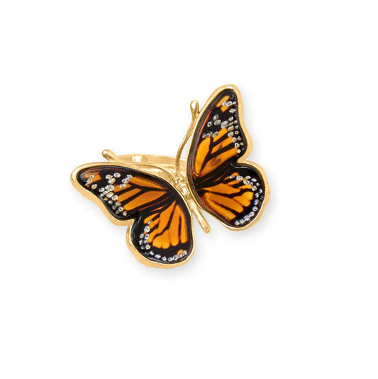 24K Gold Plated Baltic Amber Ring with Monarch Butterfly Design