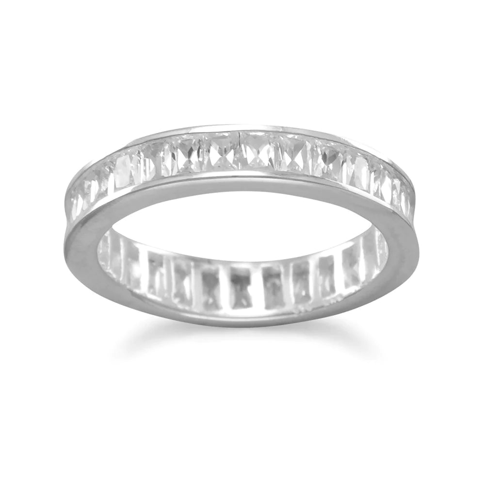 Generic Sterling Silver Rhodium Plated Eternity Ring, 4mm Baguette CZ Wedding Band, Sizes 5-10
