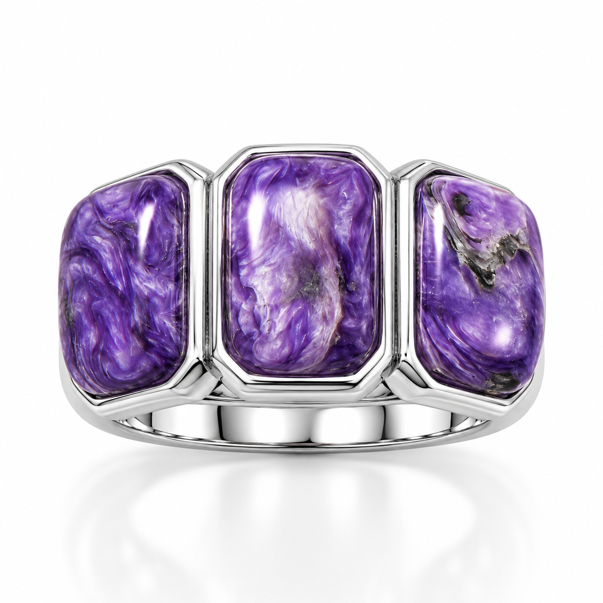 Three Rectangle Charoite Tapered Band Ring 925 Silver 10x7mm 7mm-3mm Sizes 6-9
