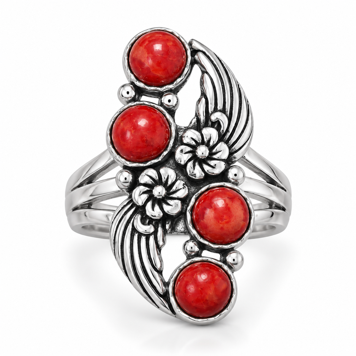 Oxidized Floral Dyed Red Coral Ring 925 Silver 5.5mm 31x14.5mm Sizes 6-9