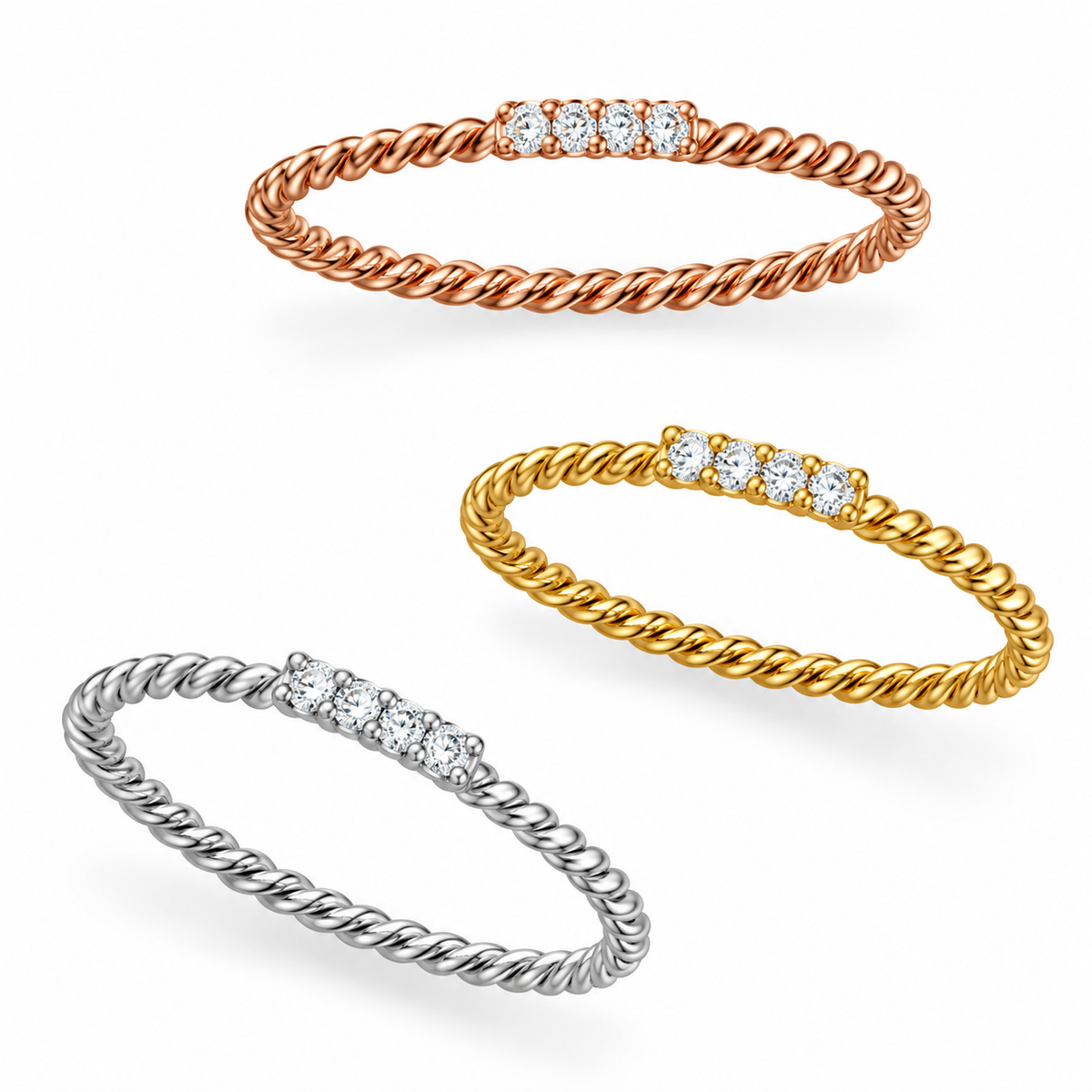 CZ Stacking Ring Set of 3 Silver 14K Gold Rose Gold 925 Silver 1mm CZ 1.5mm Sizes 4-9