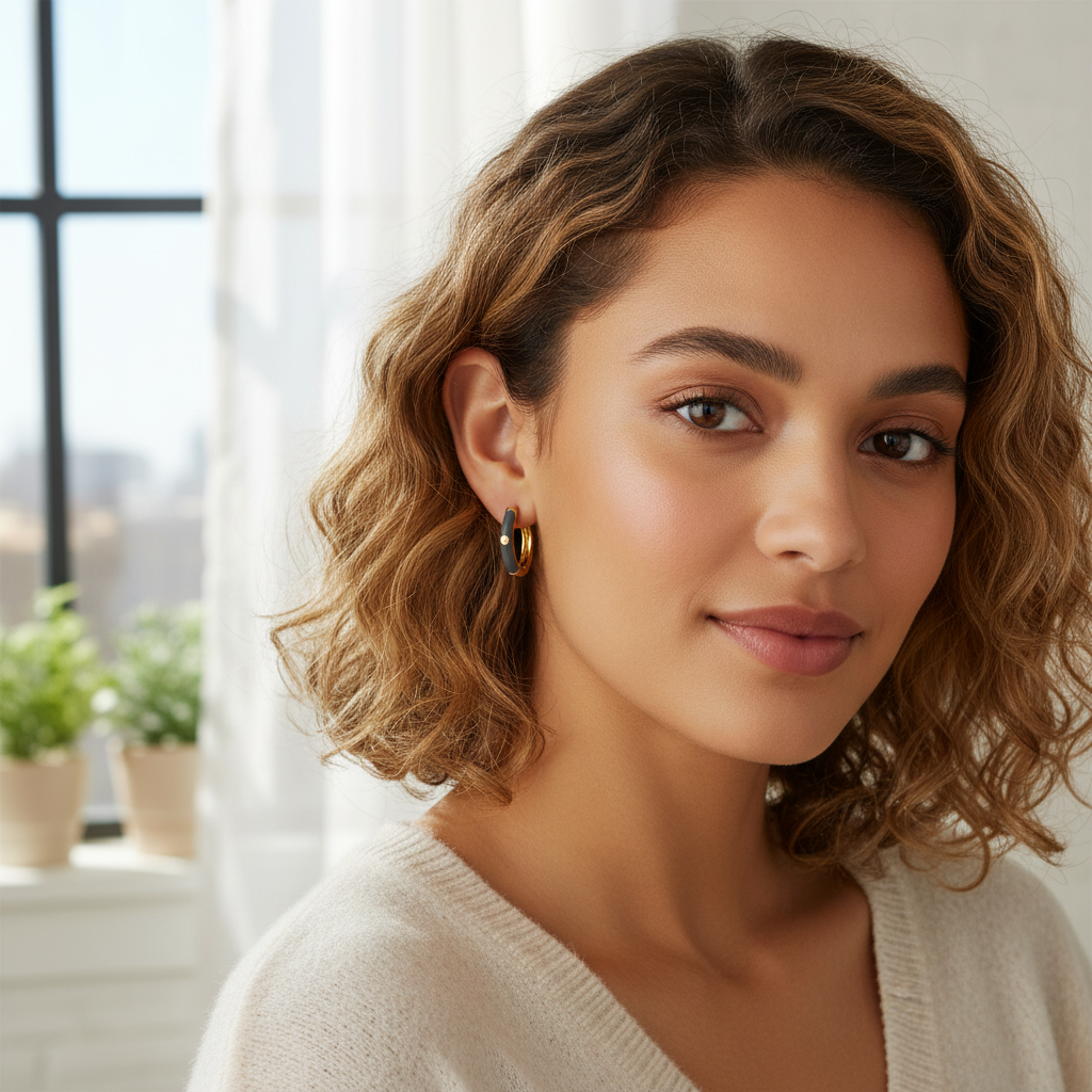 金色黑色琺瑯圈形耳環 - 清晨自然光