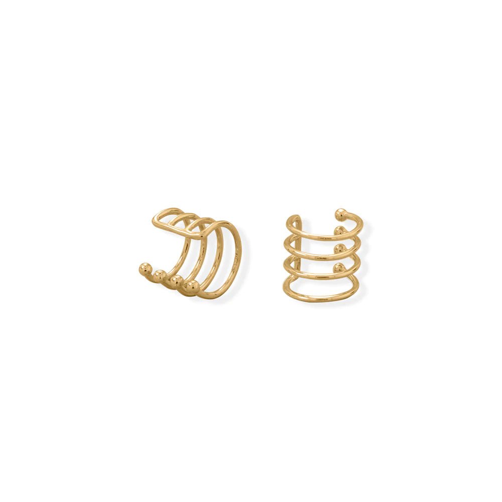 Sterling Silver Four Row Ear Cuffs, 14K Gold Plated, 9.5mm Wide, Adjustable, Pair
