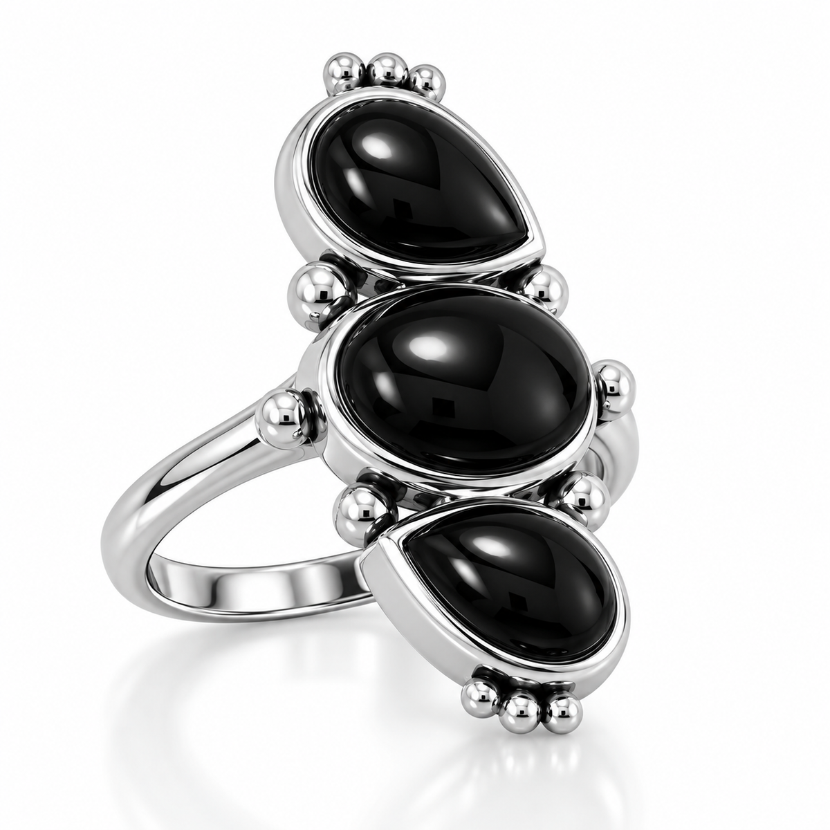 Sterling Silver Multi Shape Black Onyx Ring 925 Silver Oval 10x7mm Pear 9x6mm 2mm Sizes 6-9