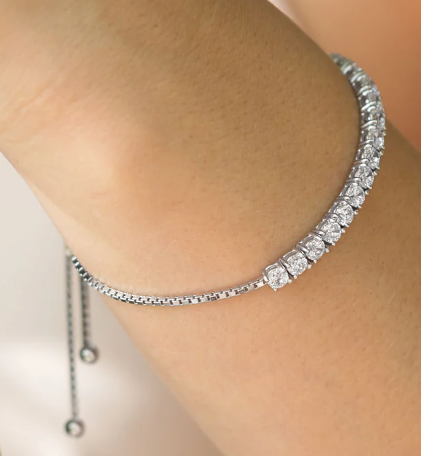 Sterling Silver Rhodium Plated CZ Bar Friendship Bracelet, Adjustable Box Chain with Stopper Bead, 2.75 Inch