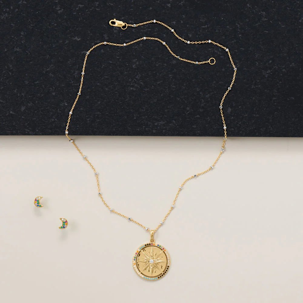 14 Karat Gold Plated Sterling Silver Crescent Moon Stud Earrings, Multi-Color CZ Pave, Galaxy Design