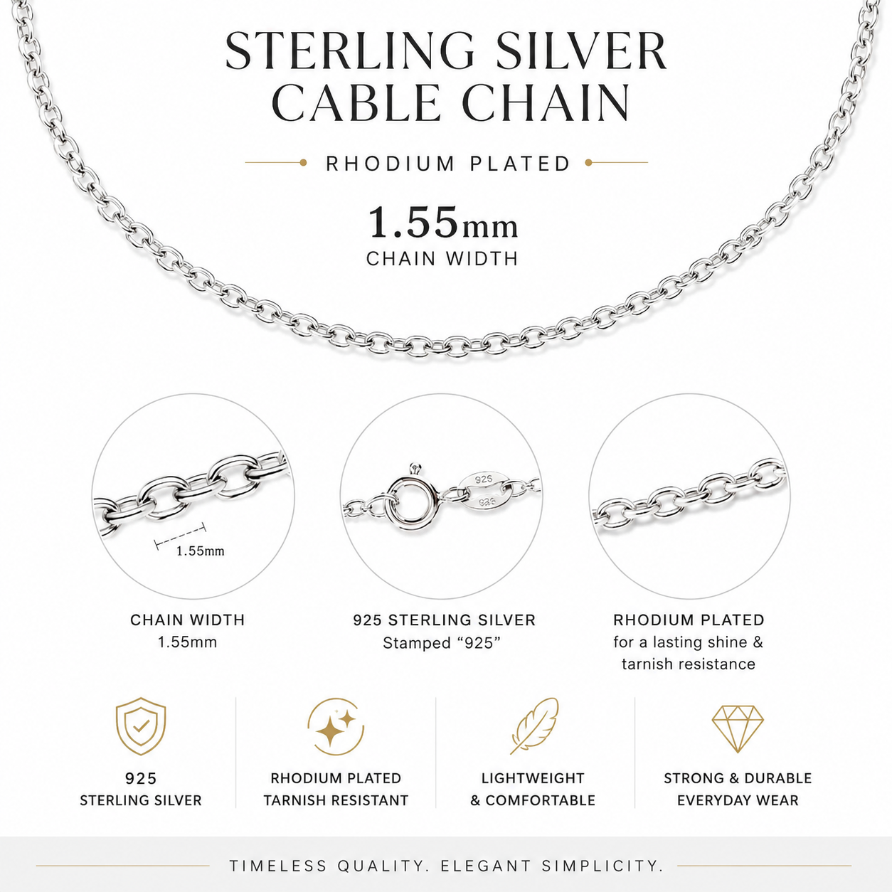 Cable Chain Rhodium Plated 925 Sterling Silver Italy 1.55mm 20"