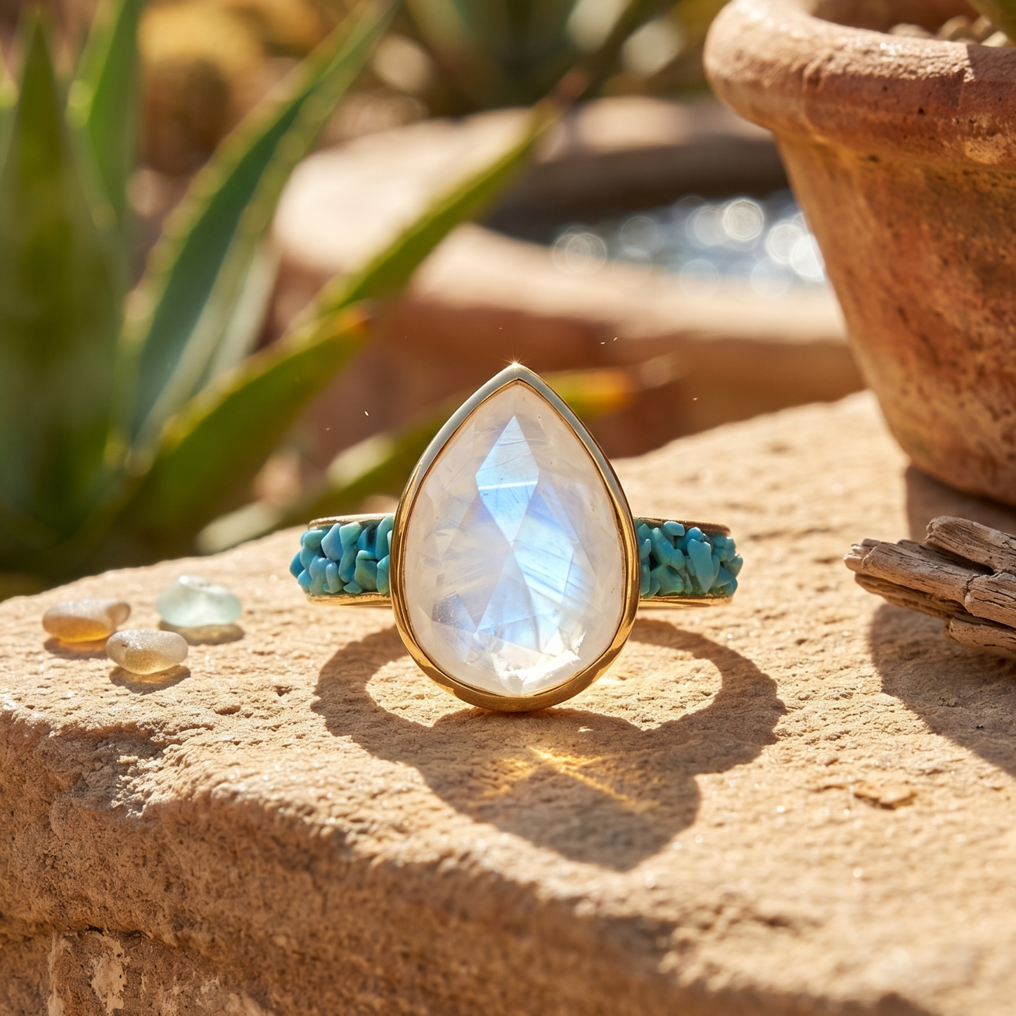 Gold Plated Rainbow Moonstone Crushed Turquoise Ring 925 Silver Sizes 6-10