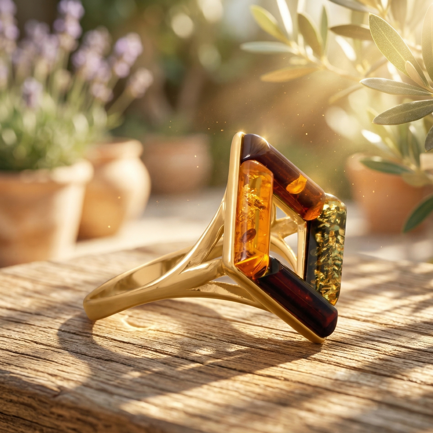 24K Gold Plated Square Multicolor Baltic Amber Ring 925 Silver 15mm Sizes 6-10