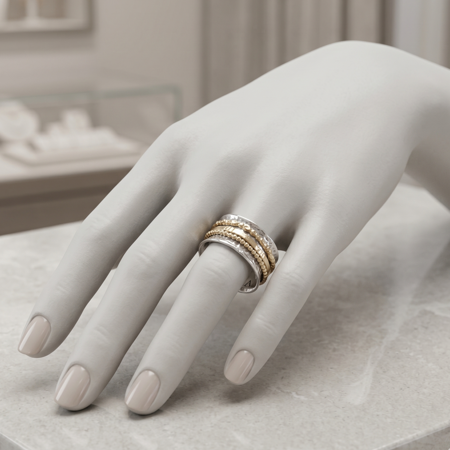 Meditation Spinner Ring Two Tone Oxidized Gold 925 Sterling Silver Sizes 6-10