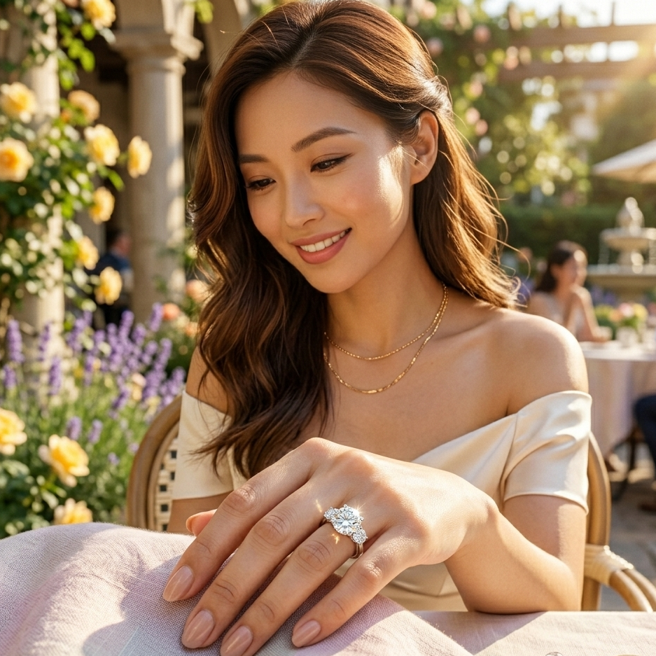 Woman with a ring on her hand in an outdoor setting with flowers and people in the background