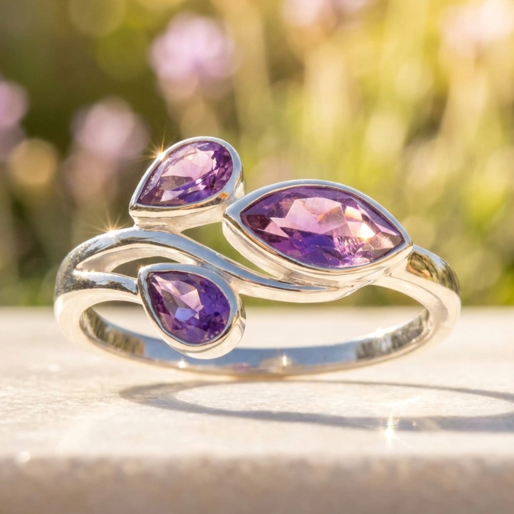 Pear and Marquise Amethyst Ring 925 Silver Three Stone Delicate Band Sizes 5-10