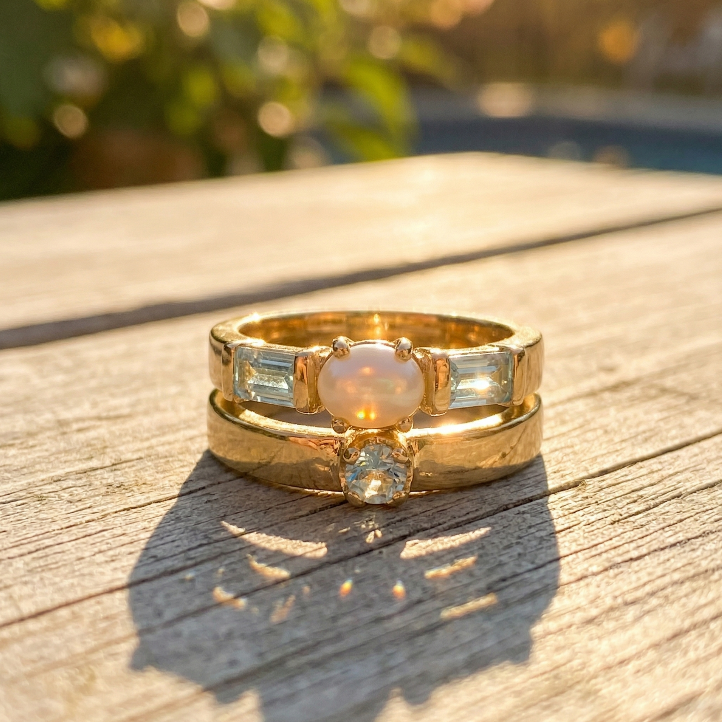 Gold Plated Pearl Blue Topaz Double Band Ring 925 Silver 4x6mm Pearl Sizes 6-9